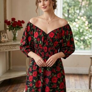 Old Navy Black Off-Shoulder Dress with Red Rose Print